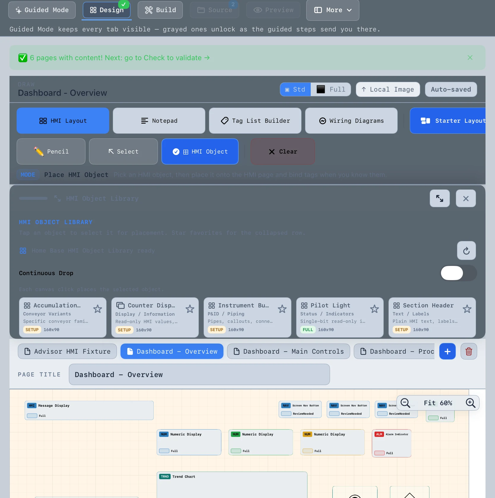 OptixGen current test UI showing an HMI dashboard planning canvas.