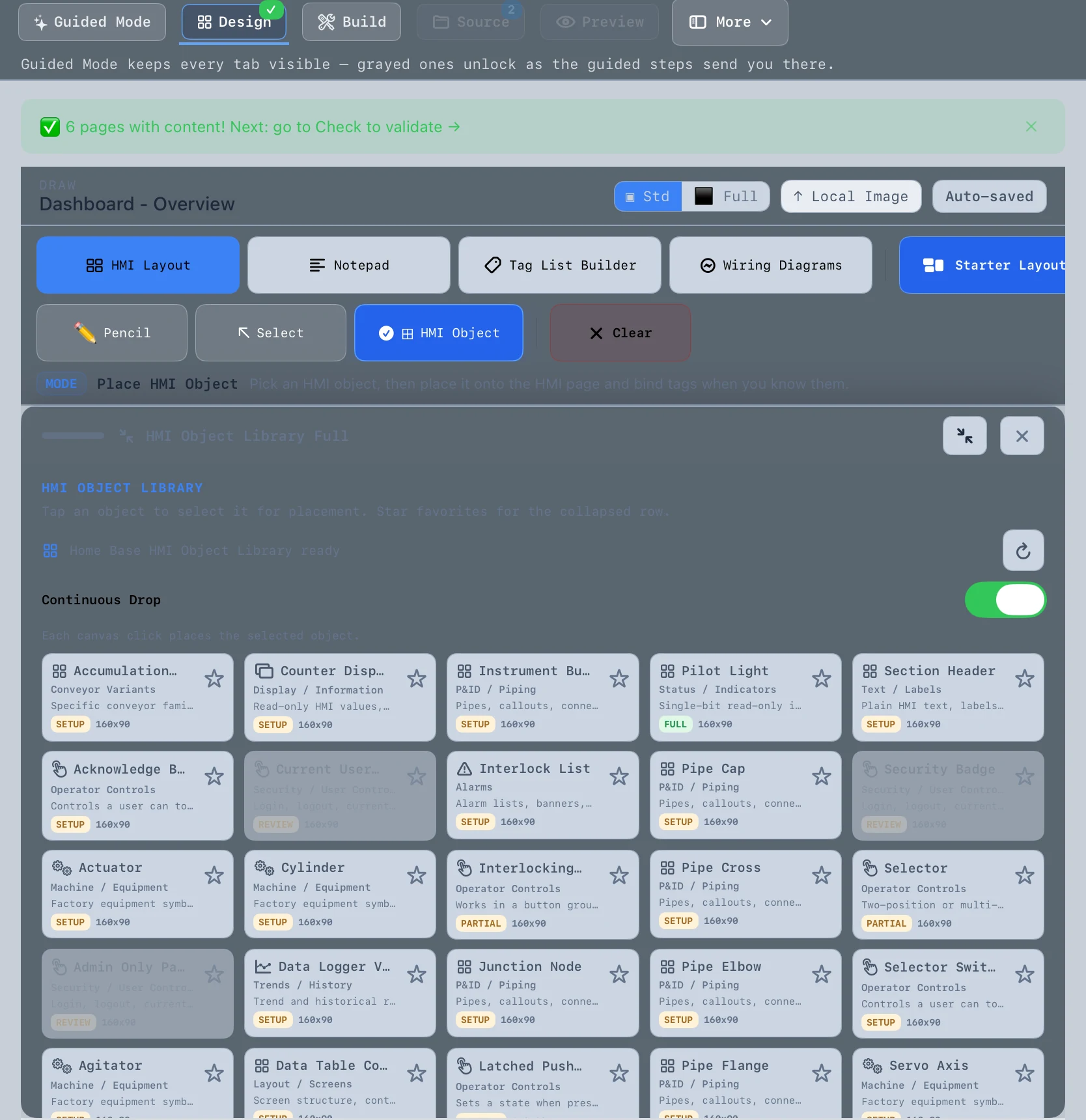OptixGen current test UI showing an HMI object library.