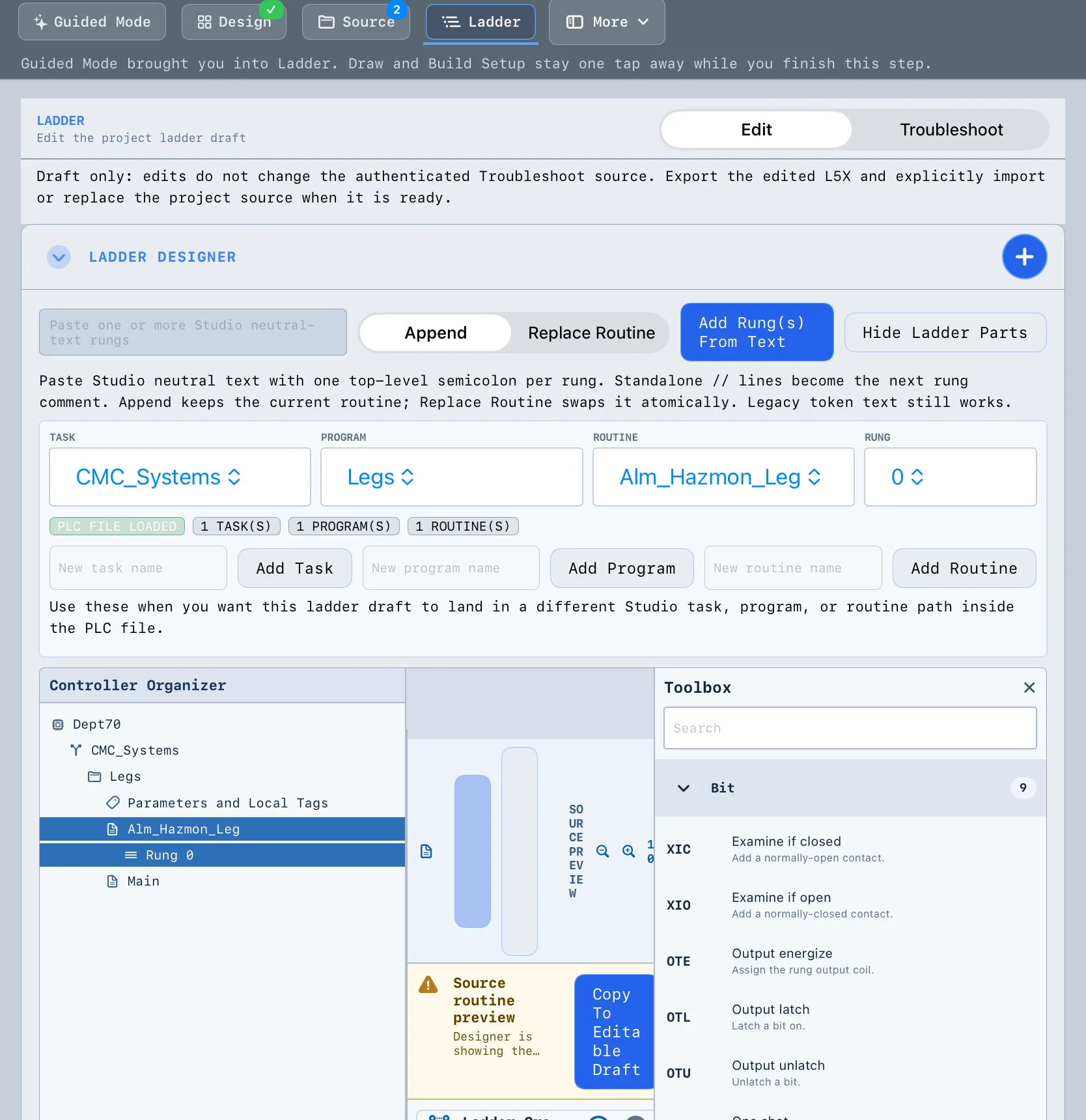 OptixGen current test UI showing ladder cross-reference information.