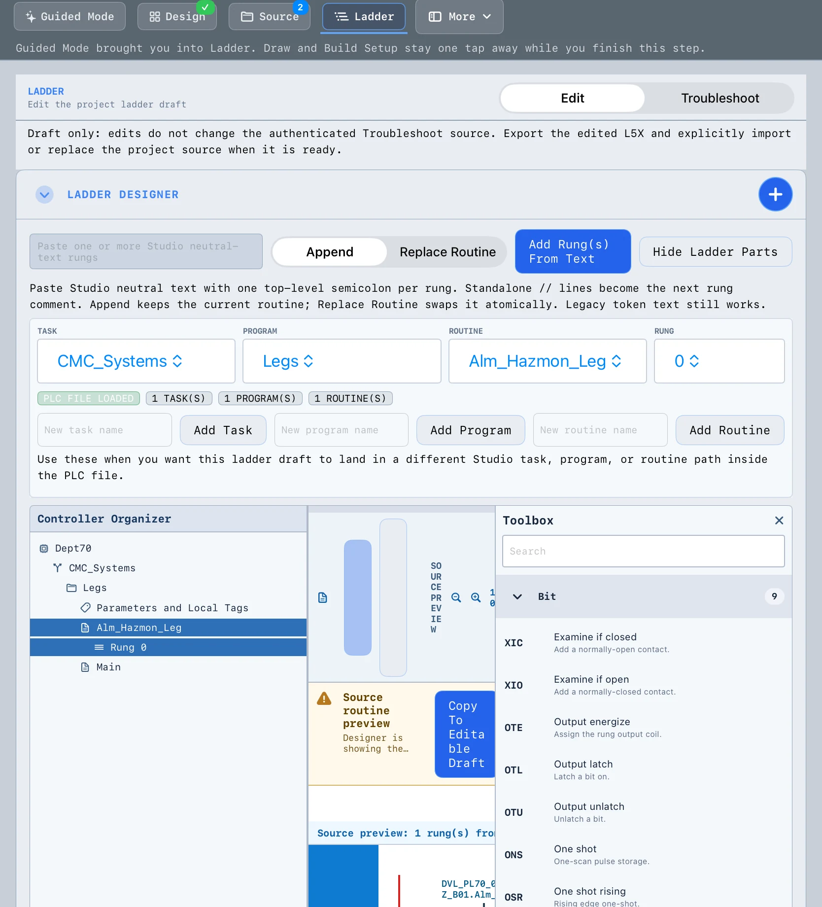 OptixGen current test UI showing a ladder editing workspace.