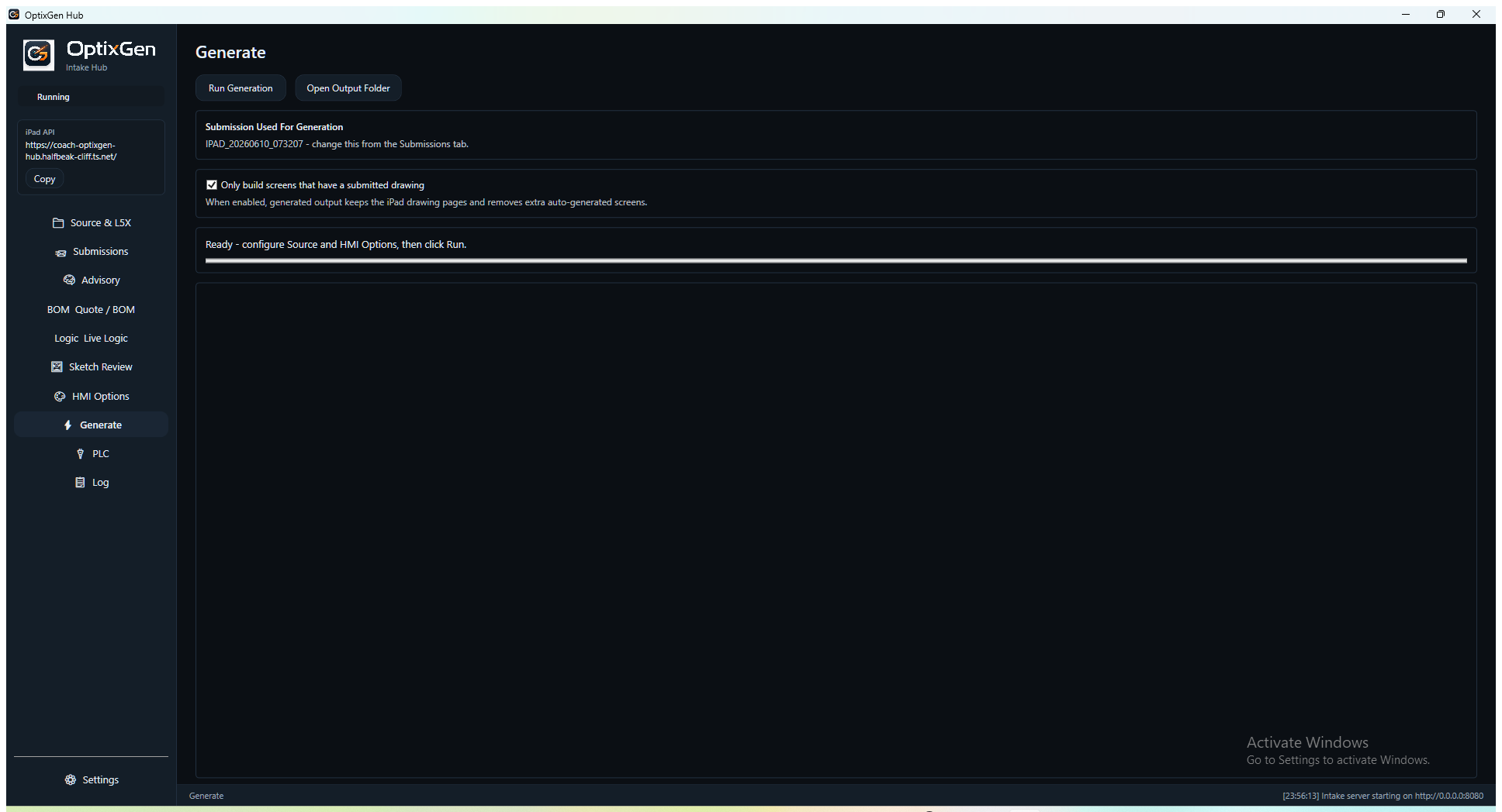 OptixGen Windows Hub — generate view