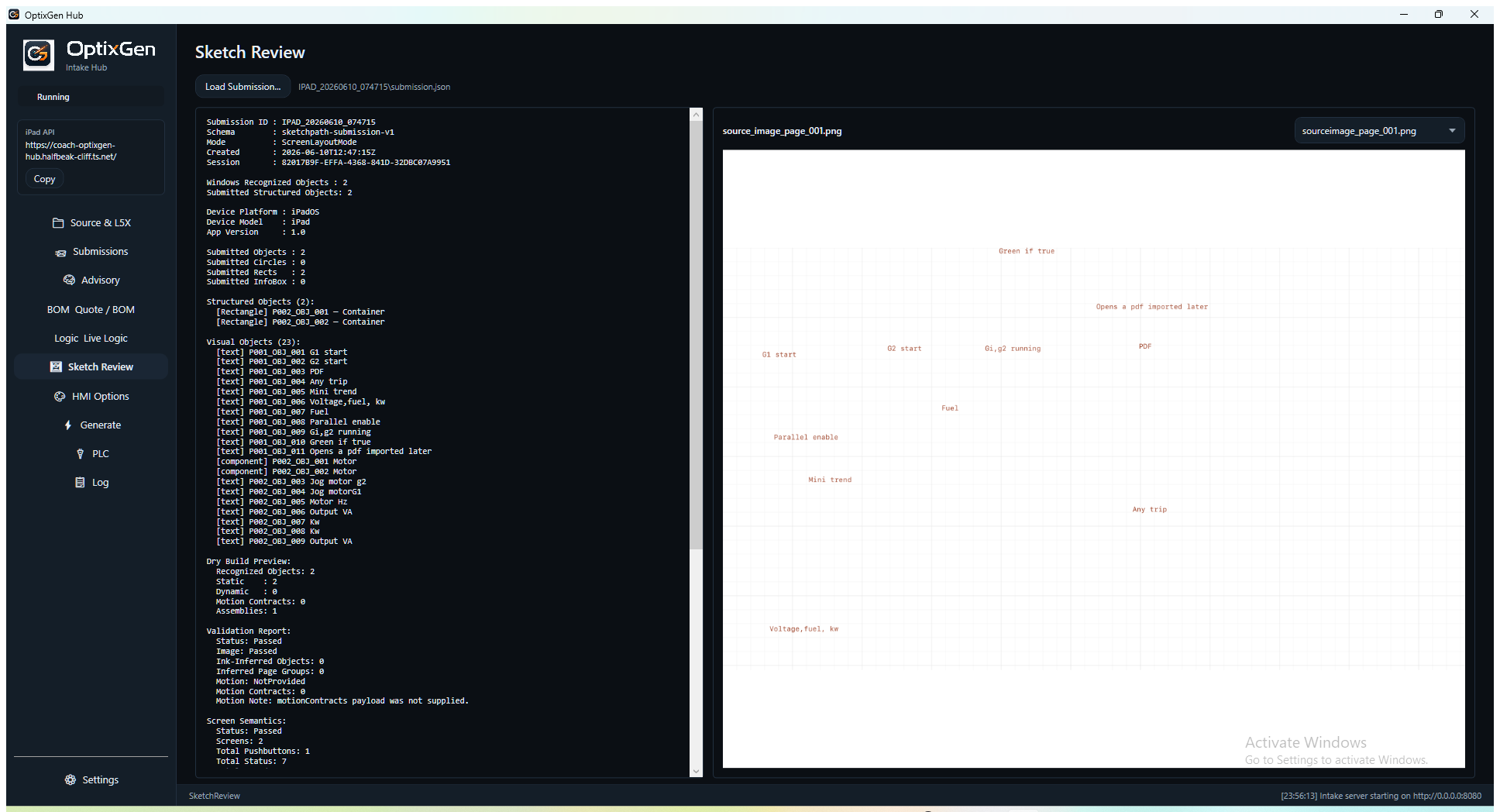 OptixGen Windows Hub — intake review of iPad sketches and submissions