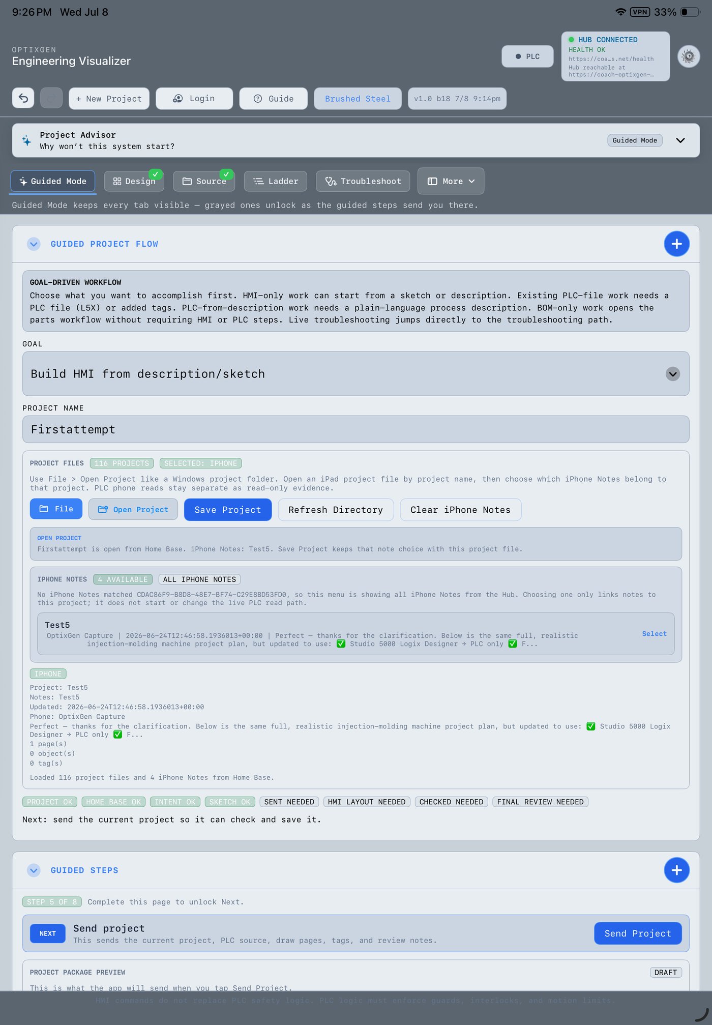 OptixGen iPad app — Guided Mode with goal-driven workflow, project files, and step-by-step send project flow