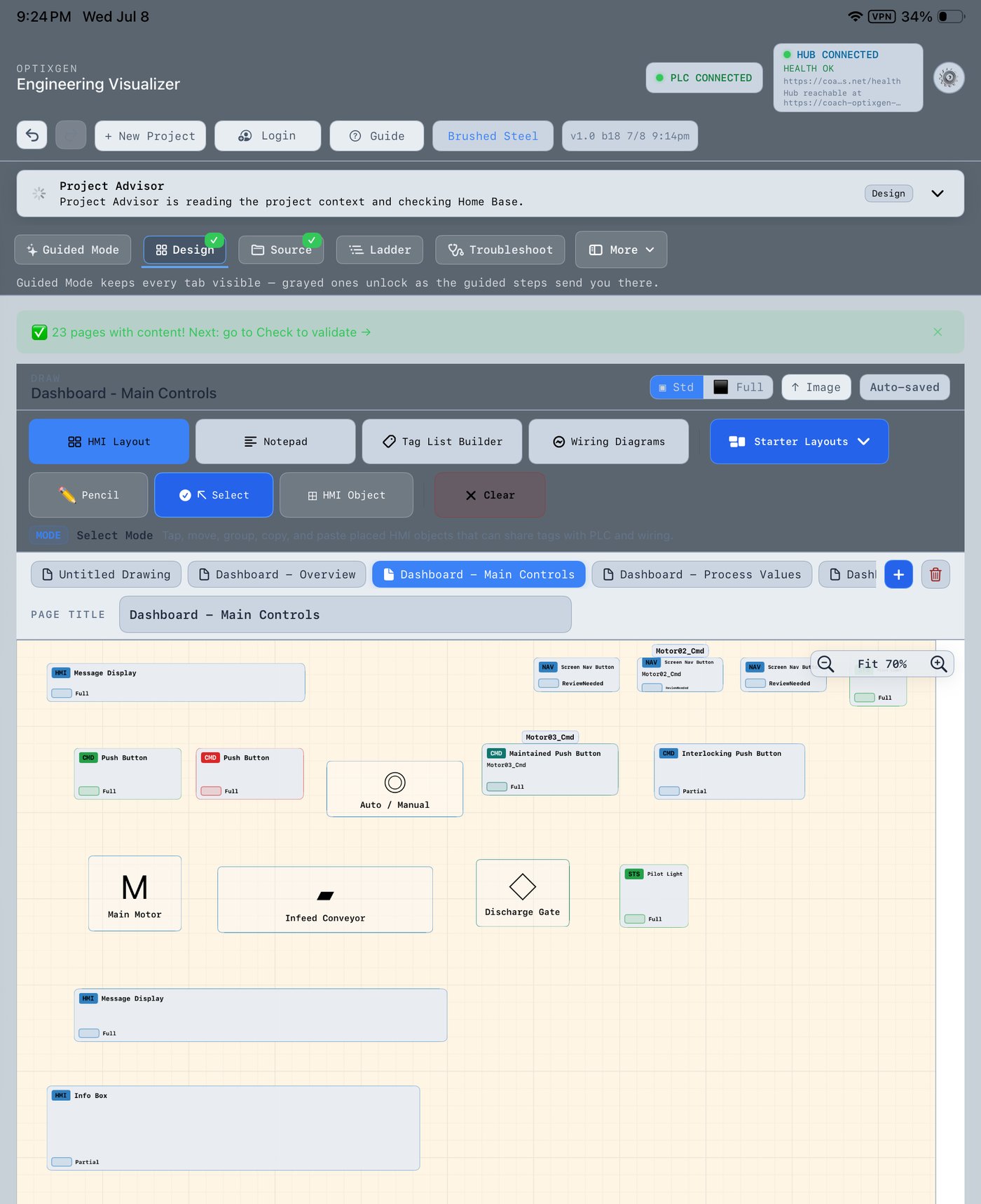 OptixGen iPad app — HMI layout canvas with push buttons, motors, conveyors, pilot lights, and tag binding review badges