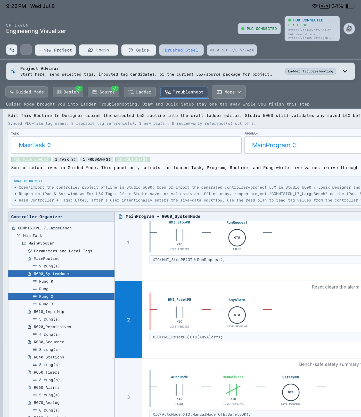 Actual OptixGen iPad app — Ladder Troubleshooting workspace with Project Advisor bar, controller organizer tree, and ladder rungs rendered with read-only PLC evidence states