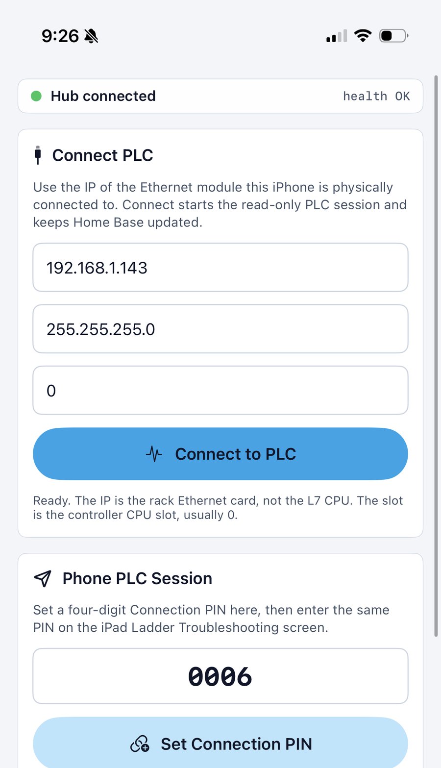 OptixGen iPhone — read-only field PLC checks